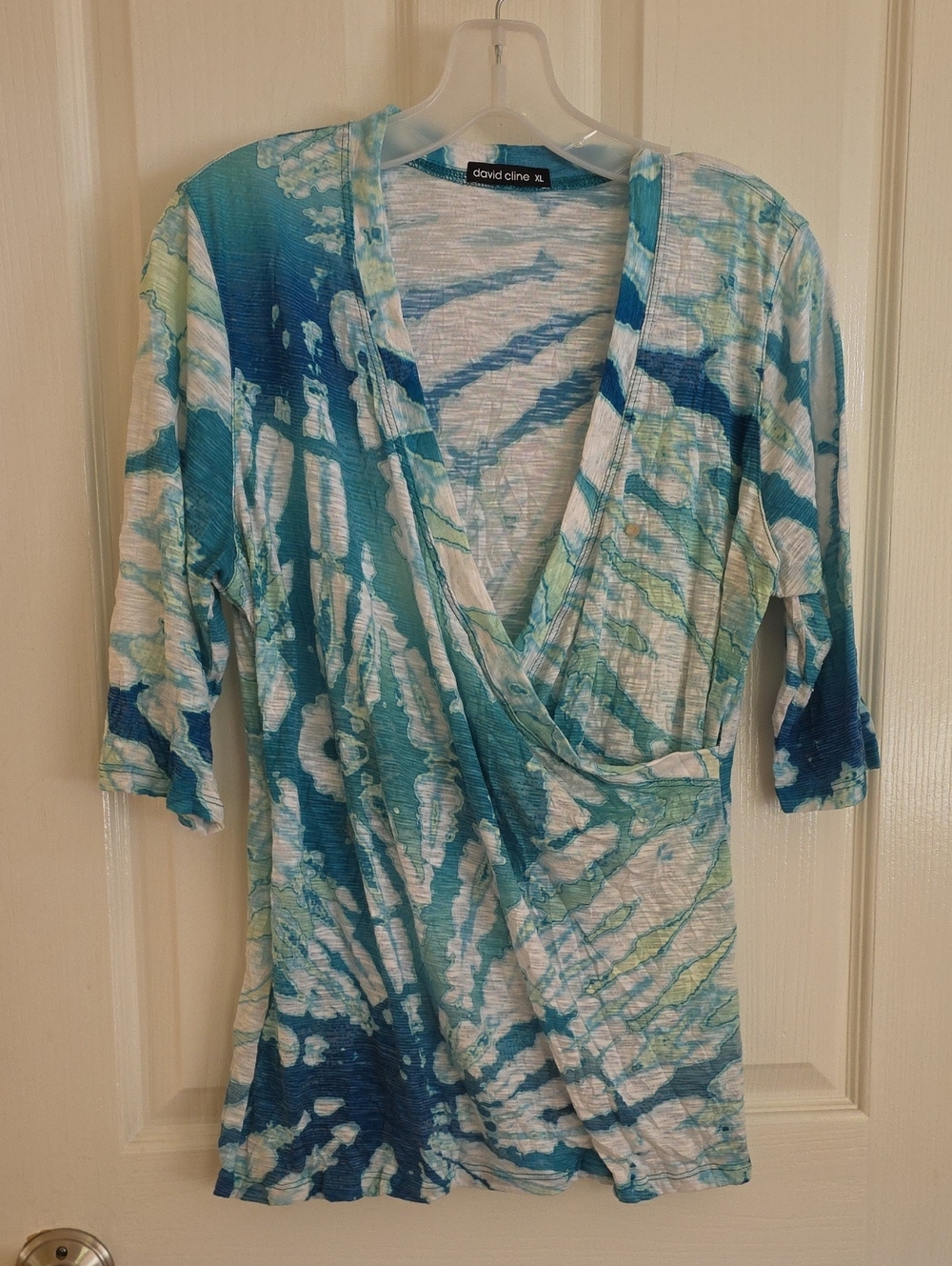 David Cline Teal and White Tie-Dye Surplice Top